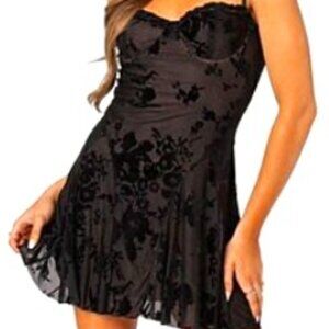 Shein Mod, Black, Raccolta Carta, Velvet Style, Floral, Mini Dress, Sleeveless L
